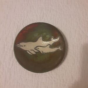 Artist Signed Earthenware Tile Inlay Dolphin Wall Art Plate Iridescent